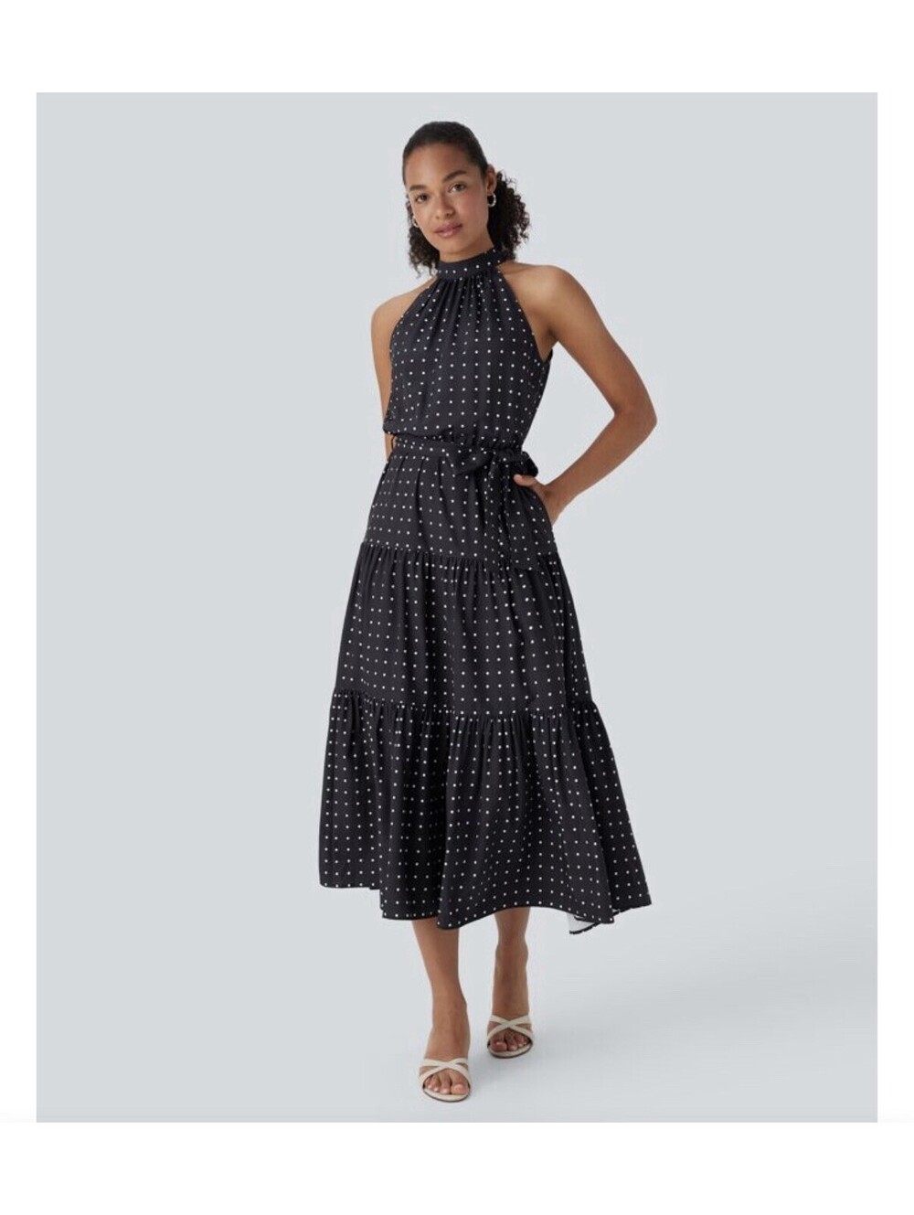 Halara Halter Keyhole Back Belted Polka Dot Flowy Midi Dress w/ Pockets NEW M